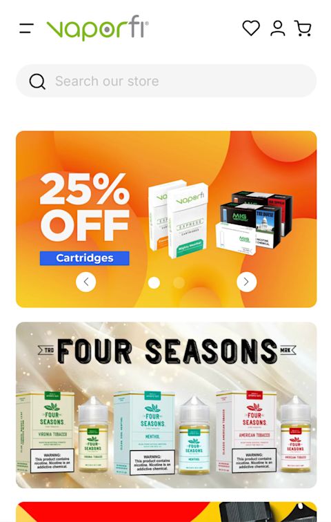Mobile homepage on VaporFi's online store, featuring "25% off cartridges"