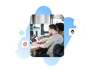 Shopware CMS ist headless Ein Entwicklerteam arbeitet an Computern. Um das zentrale Bild sind Logos von React, Svelte und Astro angeordnet, die verschiedene Webentwicklungsframeworks symbolisieren.