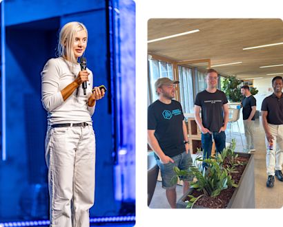 Collage of two photos: On the left, a person gives a presentation on stage while holding a microphone and presentation remote. On the right, several people stand and chat beside an indoor planter in a modern office space. Collage of two photos: On the left, a person gives a presentation on stage while holding a microphone and presentation remote. On the right, several people stand and chat beside an indoor planter in a modern office space.
