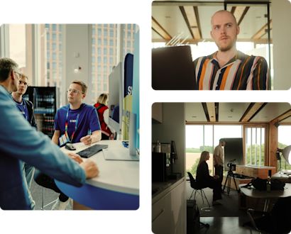 Collage of three workplace scenes: colleagues discussing software at an event booth, a person working at a laptop, and a behind-the-scenes video production setup in a modern office. Collage of three workplace scenes: colleagues discussing software at an event booth, a person working at a laptop, and a behind-the-scenes video production setup in a modern office.