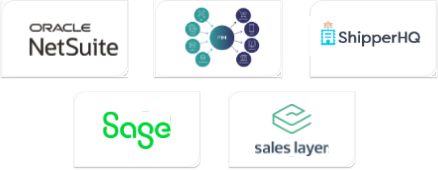 Graphic showing the Oracle NetSuite logo + PIM + Sage + ShipperHQ + SalesLayer