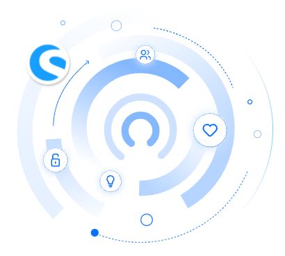 A series of blue circles coming out of the open source icon. Dotted around it are other icons of an open locl, a lightbulb, a heart, outlines of people, and the Shopware logo. 