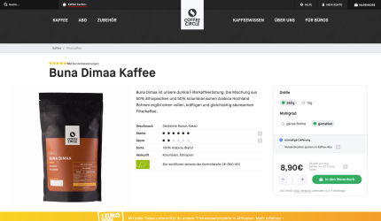 Product page for Buna Dimaa coffee from Coffee Circle, showing a 350g pack of coffee, product description with flavors of roasted nuts and cocoa, choices for size and grind as well as price and organic certification.