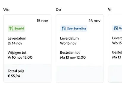 Abonnement-Lieferübersicht Übersicht eines Abonnement-Lieferkalenders mit drei Tagen. Für Mittwoch, 15. November, ist eine Abonnement-Bestellung erfasst. Für Donnerstag, 16. November, und Freitag liegen keine Bestellungen vor. Die Ansicht zeigt Lieferdatum, Bestell- bzw. Änderungsfristen und den Gesamtpreis.