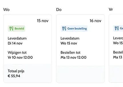Panoramica delle consegne in abbonamento Panoramica di un calendario di consegna degli abbonamenti con tre giorni. Per mercoledì 15 novembre è stato registrato un ordine di abbonamento. Per giovedì 16 novembre e venerdì non sono presenti ordini. La schermata mostra la data di consegna, i termini per gli ordini o le modifiche e il prezzo totale.
