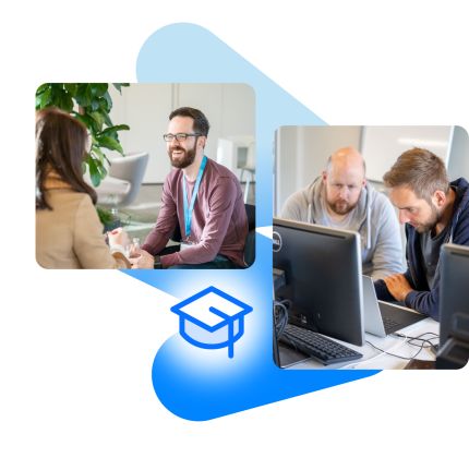 Two photos with a graduation cap icon in the center. The left photo features a man smiling while talking to a woman. The right photo depicts two men focused on a computer screen.