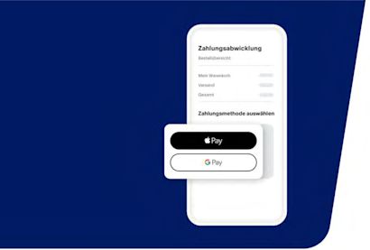 Smartphone mit Bestellübersicht im Checkout. Zwei große Buttons zur Auswahl der Zahlungsmethode: Apple Pay und Google Pay.