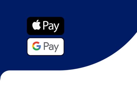 Two large payment buttons for Apple Pay and Google Pay displayed on a blue and white background.