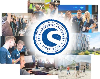 Logo values Eine Collage von Bildern, die verschiedene Szenen bei Shopware zeigen, darunter Mitarbeiter, die miteinander interagieren, an Computern arbeiten und Spiele im Freien spielen. In der Mitte der Collage befindet sich das Shopware-Logo mit den Worten „Open. Authentisch. Visionär. Seit 2000".