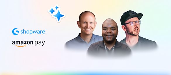 AI in the Quantum Age of Fraud: Combat exploitation & enhance shopper experiences with Amazon Pay AI risk tools Promotional graphic featuring logos of Shopware and amazon pay on the left, alongside headshots of three speakers on the right, with a gradient background and decorative star icon.