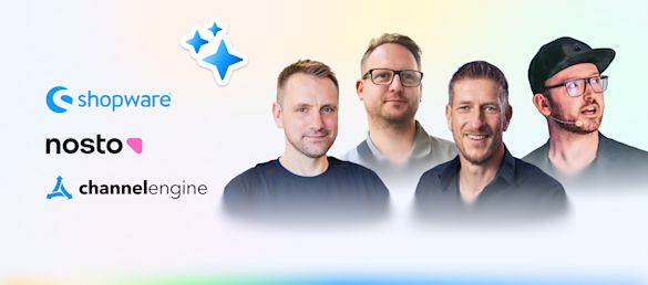 GenAI in merchandising & marketplaces: turning smarter selling into higher profits Promotional graphic featuring logos of Shopware, Nosto and channel engine on the left, alongside headshots of four male speakers in business attire on the right, with a gradient background and decorative star icon.