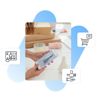 best-of-breed A person is holding a smartphone and taking a photo of a product. Icons for the product catalog, shopping cart and payment options are arranged around the central image, representing various aspects of e-commerce.