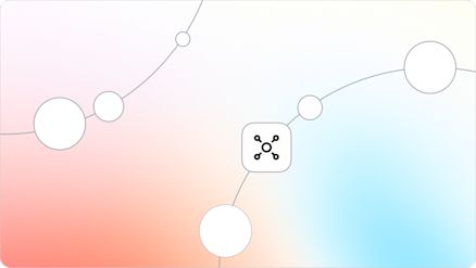 Orange gradient background with two lines extending across the image, dotted with circles of varying sizes. One circle contains an icon representing people or a network.