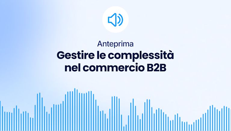 Banner: Audio sample “Mastering B2B commerce complexity” – Shopware visual with speaker icon, blue sound waves, and light blue gradient background.