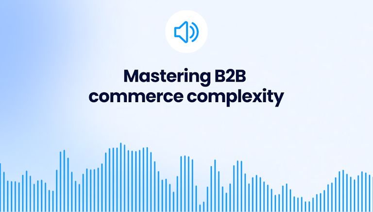 Banner: Audio sample “Mastering B2B commerce complexity” – Shopware visual with speaker icon, blue sound waves, and light blue gradient background.