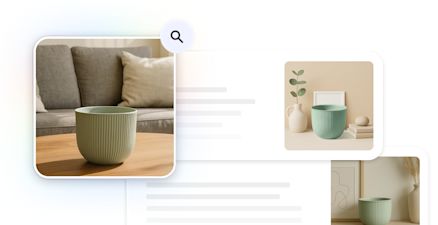 A mint green flower pot with ribbed texture is shown in focus with a magnifying glass icon, emphasizing detail. In the background, two product cards display the same pot in different styled interior settings.