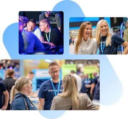 shopware-partner Collage von drei Fotos, die Menschen auf einer Veranstaltung zeigen. Oben links zwei Männer in einem intensiven Gespräch. Oben rechts zwei Frauen, die lächeln. Unten eine Szene, in der ein Mann mit Brille und Shopware-T-Shirt mit zwei anderen Personen spricht.