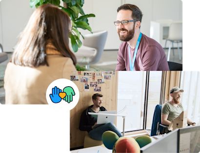 Collage con due immagini e un adesivo che raffigurano delle mani e un cuore. Le immagini mostrano persone che parlano in un ambiente d'ufficio. 