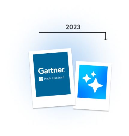 Two polaroids, one showing the Gartner Magic Quadrant logo and the other one a star icon. Above is the year 2023.