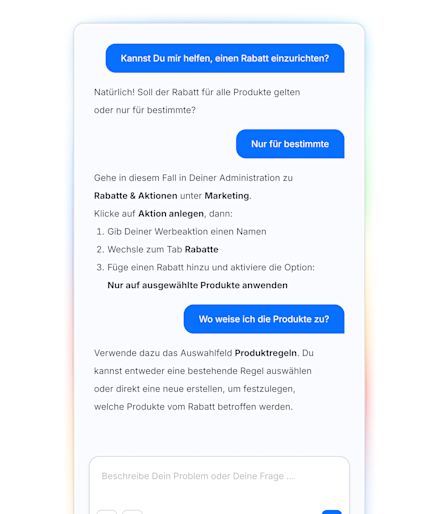 Darstellung des Copilot-Chatfensters in der Shopware-Administration. Die AI erklärt, wie man einen produktspezifischen Rabatt in Shopware einrichtet. Der Ablauf führt über Rabatte & Aktionen > Aktion anlegen > Tab Rabatte sowie die Nutzung von Produktregeln zur Auswahl der betroffenen Produkte.