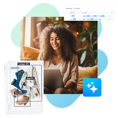 AI Copilot page-graphic A woman with curly hair is smiling while using a laptop, with product images of clothing items like a cardigan, jeans, shoes, a bag, and a top displayed below, each labeled with percentages. A settings panel at the top shows adjustable properties such as image contrast, brightness, and saturation.