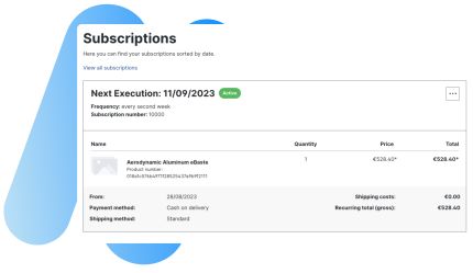 A subscription management interface showing details for an active subscription. The next execution date is set for 11/09/2023, with a frequency of "every second week" and subscription number 10000. The product listed is "Aerodynamic Aluminum eBüste," priced at €528.40 with a quantity of one. Payment method is "Cash on delivery," and the shipping method is "Standard." Shipping costs are €0.00, and the recurring total (gross) is €528.40.