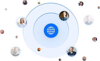 Hero Image Community A series of blue circles with an icon of the globe on the smallest circle. Dotted around the main 3 circles are images of community members.