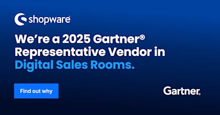 Shopware banner with the text: "We’re a 2025 Gartner® Representative Vendor in Digital Sales Rooms." The banner features the Shopware and Gartner logos on a blue gradient background. A blue button at the bottom left says "Find out why."
