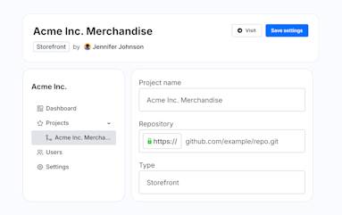 Accountinterface waarop winkelgegevens worden weergegeven, waaronder de projectnaam en het repositorytype met ‘Storefront’ geselecteerd. In het zijmenu staan Dashboard, Projecten, Gebruikers en Instellingen.