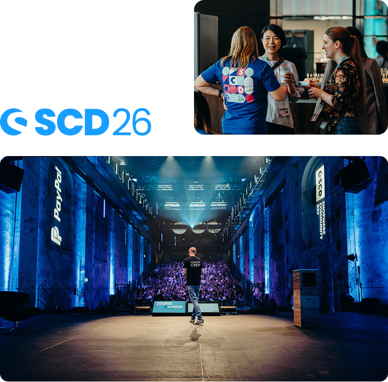 Multiple images depicting the Shopware Community Day and its community having fun and discussing various topics