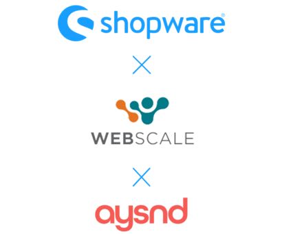 Shopware × Webscale × aysnd Partnership Graphic Promotional banner showing the collaboration between Shopware, Webscale, and aysnd. The image displays the three company logos arranged vertically with “×” symbols indicating partnership and joint cooperation.