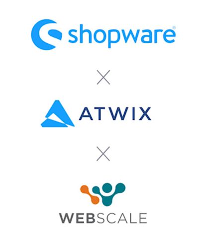 Shopware × Webscale × Atwix Partnership Graphic Promotional banner showing the collaboration between Shopware, Webscale, and aysnd. The image displays the three company logos arranged vertically with “×” symbols indicating partnership and joint cooperation.