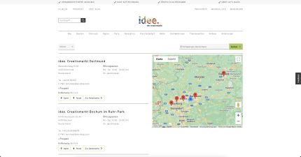 Website of idee. Creativmarkt shows a store search with locations in Dortmund and Bochum, including addresses, opening hours, contact information and a map with marked stores in North Rhine-Westphalia.