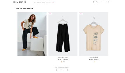 Humanoid website displaying 'shop the look' for Look 16, featuring a model wearing a beige graphic T-shirt and black wide-leg pants, with product images and prices for the same items displayed alongside.