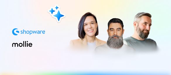 Promotional graphic featuring logos of Shopware and amazon pay on the left, alongside headshots of three speakers on the right, with a gradient background and decorative star icon.