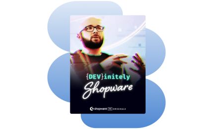 Thumbnail for an episode called 'DEVinitely Shopware', showing a man with a beard and glasses gesticulating against a background with glowing effects. At the bottom is the Shopware logo with the words 'TV Originals'.