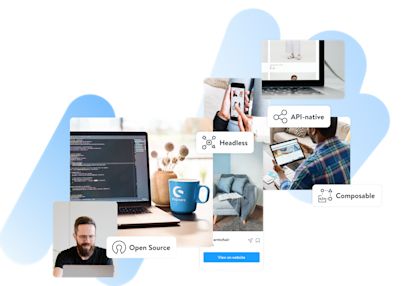 Keyvisual - Commercio senza testa Un collage mostra vari aspetti della moderna tecnologia web: un computer portatile con un editor di codice aperto e una tazza Shopware, una persona con in mano uno smartphone con un'applicazione per lo shopping e un tablet usato per fare acquisti online. I termini “open source”, “headless”, “API-native” e “composable” sottolineano le caratteristiche principali.