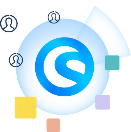 Blue Shopware logo in the middle, surrounded by stylized user icons and colourful squares symbolizing connectivity and networking.