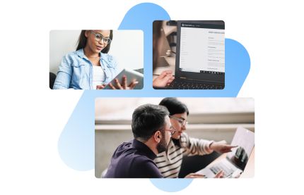 Three scenes: a woman using a tablet, a hand interacting with a business dashboard on a laptop, and two people collaborating over a laptop screen, discussing its contents.