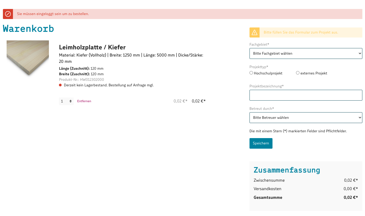 Warenkorb mit Zuschnitt, Projektdetails und gesperrten Checkout