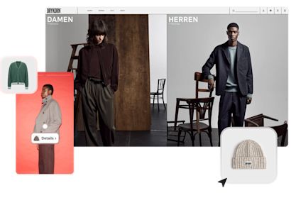 Fashion industry Header De website van Armedangels met categorieën als “Detoxdenim” en “Strick,” met modellen in kleding. Uitgelicht is een rode gebreide trui voor € 139,95, met een knop “Bekijk op website”.