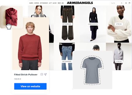 The Armedangels website featuring categories like "Detoxdenim" and "Strick," with models wearing clothing. Highlighted is a red knit pullover priced at 139,95 €, with a "View on website" button.