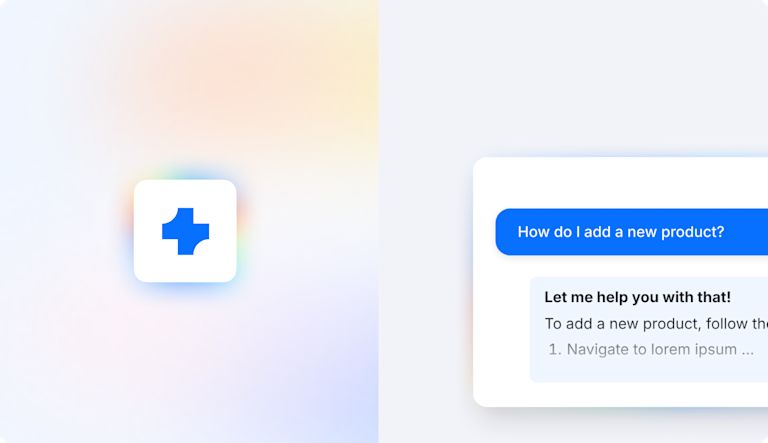 Due sezioni visive affiancate: A sinistra un'icona a forma di stella su sfondo bianco, circondata da un alone arcobaleno tenue. A destra una finestra di chat con la domanda “How do I add a new product?” e una risposta di supporto “Let me help you with that!”