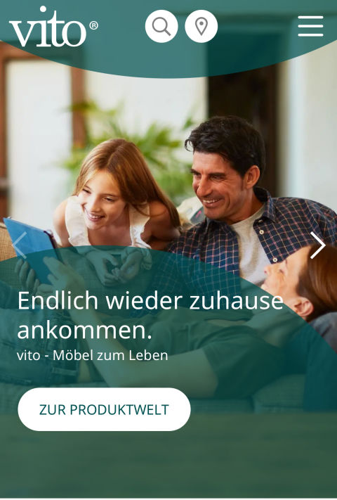 Mobile homepage of the Vito Moebel online store, showing a featured image of a family smiling, sitting on a sofa and looking at an iPad. Text: "Endlich wieder zuhause ankommen. Vito-Möbel zum Leben -ZUR PRODUKTWELT"