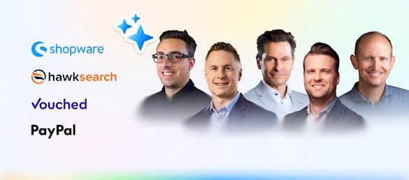 How AI can solve your biggest ecommerce challenges: search, fraud, and checkout Promotional graphic featuring logos of Shopware, Hawksearch, Vouched, and PayPal on the left, alongside headshots of five male speakers in business attire on the right, with a gradient background and decorative star icon.