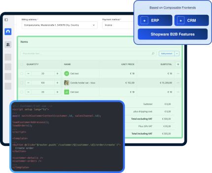 Der neue Sales Agent mit einer Bestellübersicht, Preisen und einer Code-Sektion. Es basiert auf Composable Commerce-Technologien wie ERP, CRM und Shopware B2B-Funktionen.