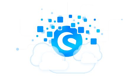 Das Bild zeigt das blaue Shopware-Logo, umgeben von schwebenden blauen Quadraten, die digitale Daten darstellen. Darunter befinden sich Wolken, die auf eine Cloud-basierte Lösung oder Technologie hinweisen. 