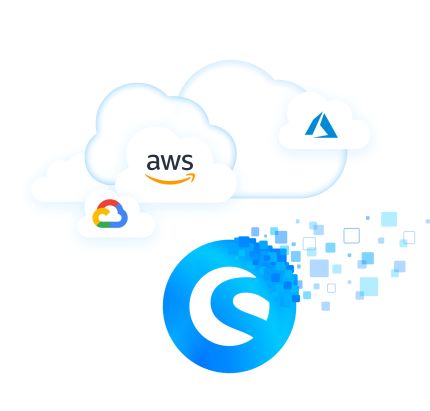 Das Bild zeigt das blaue Shopware-Logo, das von kleinen, schwebenden Quadraten umgeben ist. Darüber befinden sich Wolken mit den Logos von Google Cloud, AWS und Microsoft Azure, was auf die Integration von Shopware mit verschiedenen Cloud-Diensten hinweist