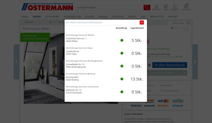 Availability display on the Ostermann website, shows the stock levels of a product in various furnishing centers in NRW, including Witten, Haan, Recklinghausen, Bottrop and Leverkusen, with details of the number of items available.