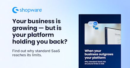 Shopware banner with blue gradient background. On the left, the text reads “Your business is growing — but is your platform holding you back?” with a note about standard SaaS limits. On the right, a stylized whitepaper cover shows part of a software interface and a small diagram comparing SaaS and PaaS, with “You” highlighted.
